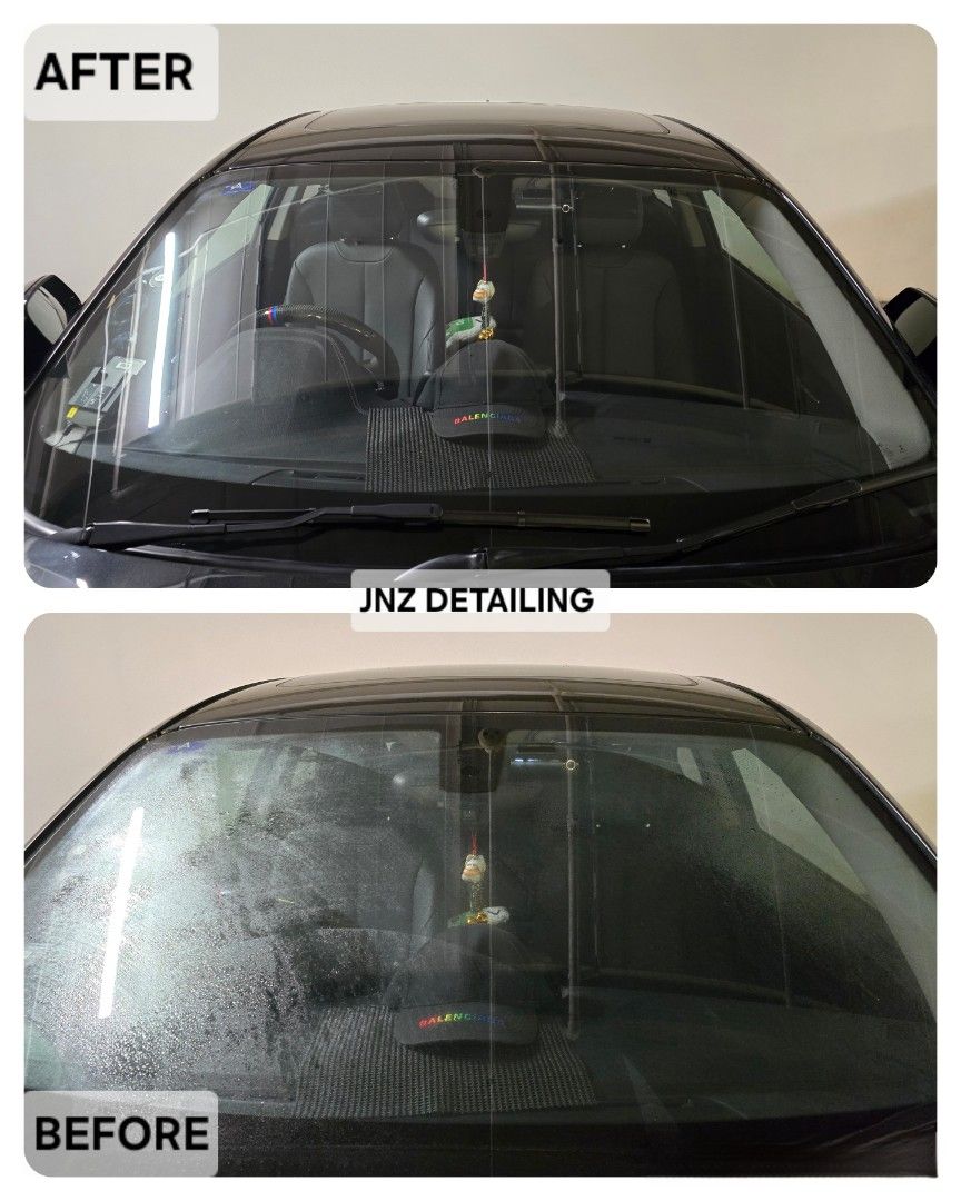Before and after of a windscreen with wiper haze, clear after the work