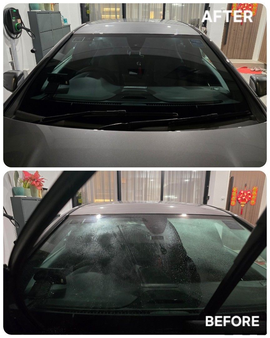 Before and after of a windscreen covered in water spots, clear after polishing