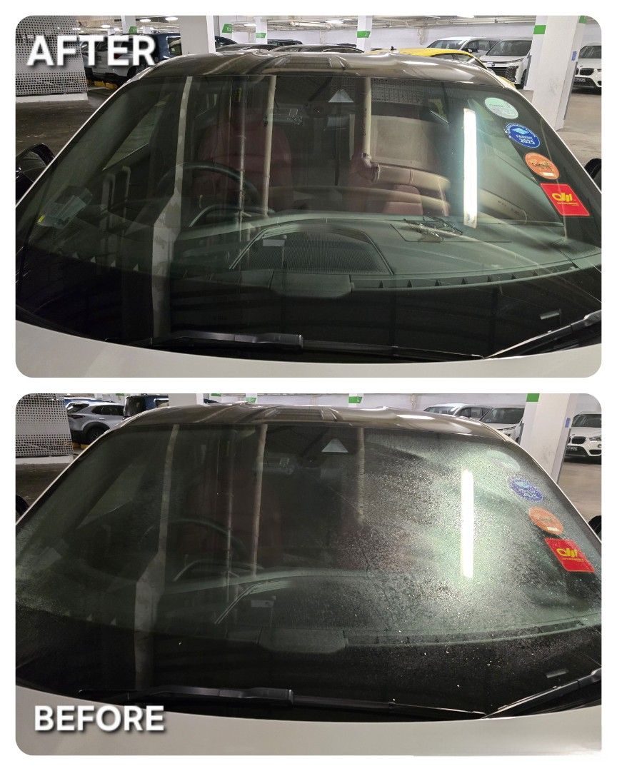Before and after of a polished windscreen, clearer glass in the after frame