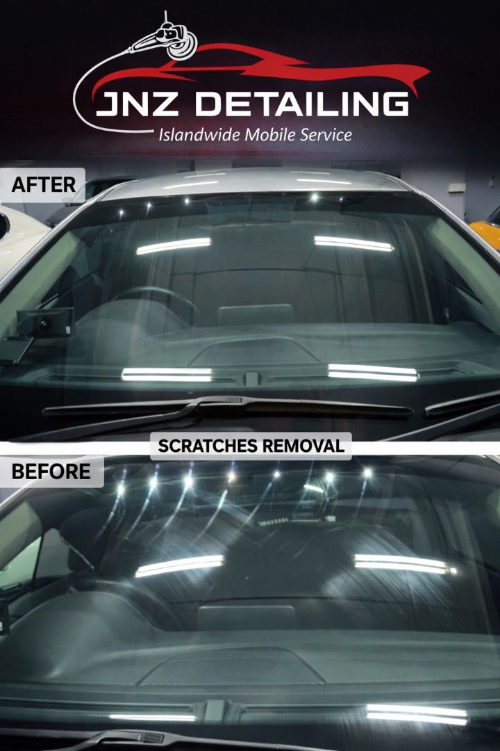 Before and after of wiper scratch removal on a windscreen