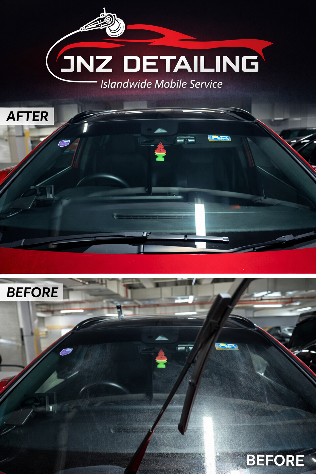 Before and after of a windscreen and wiper area, hazed and streaked above, clear below