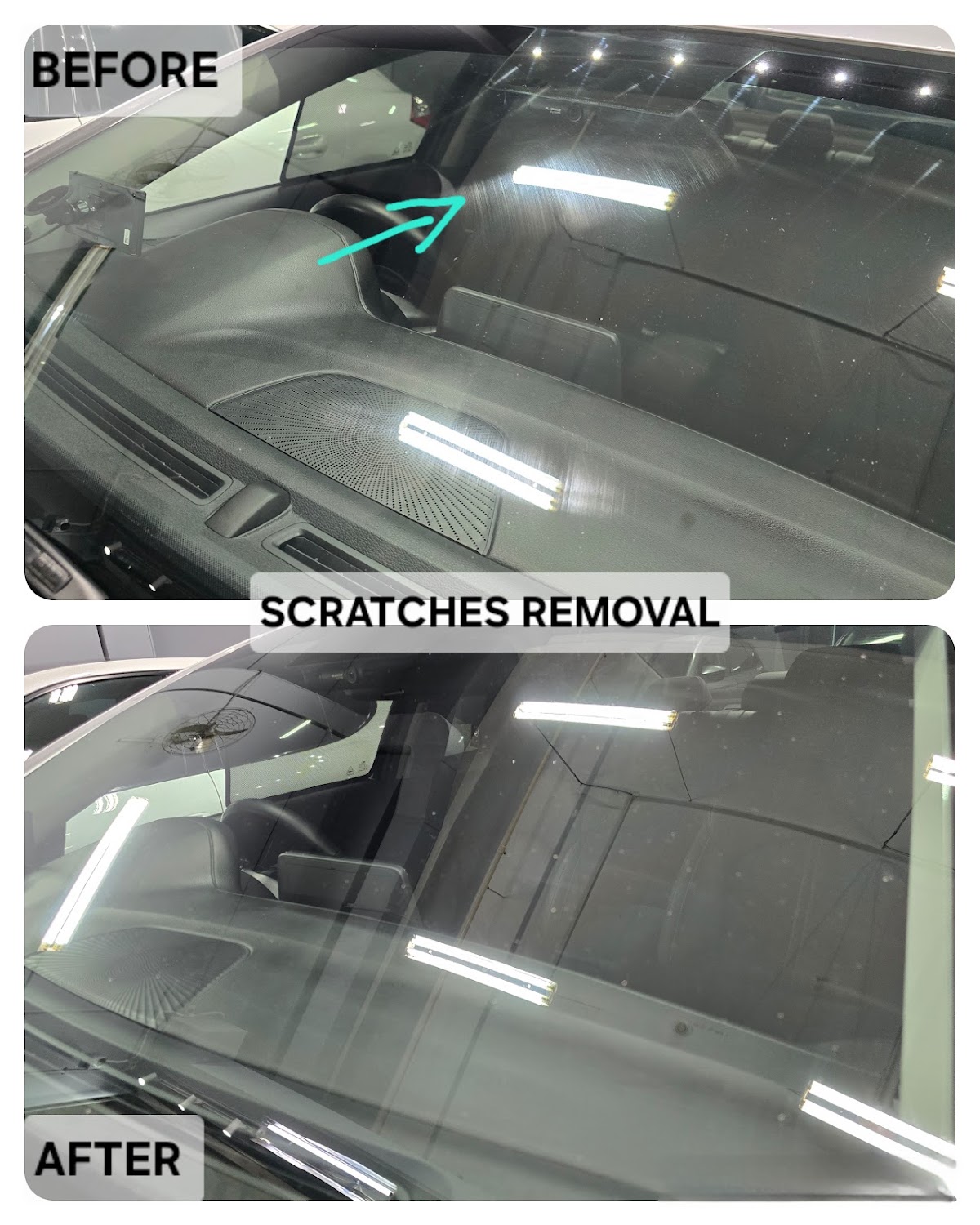 Before and after of windscreen scratch removal, with the scratch band marked in the before frame